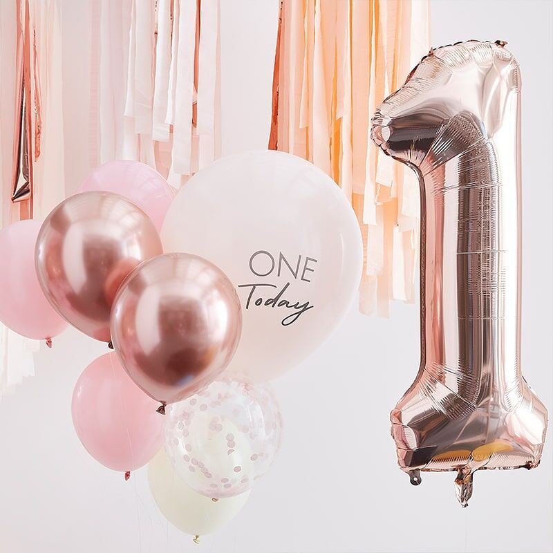 10 Ballons Anniversaire 1 An Rose Rose Gold Chiffre 1 Modern Confetti