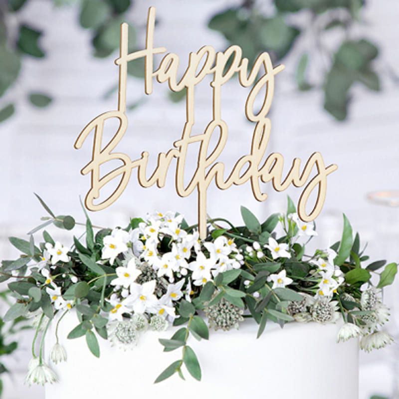 Cake topper en bois personnalisé couronne de fleurs - Happy Birthday