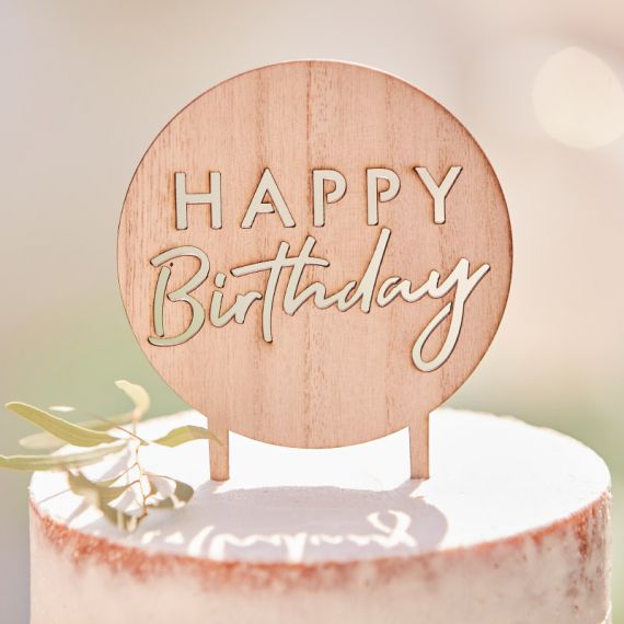 Cake topper rond happy birthday en bois - MODERN CONFETTI